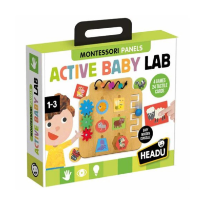 Brinquedo educativo Montessori para bebés com várias atividades em madeira e caixas coloridas