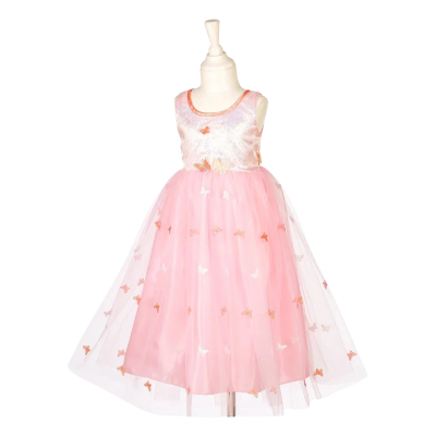 Vestido infantil cor-de-rosa com tule e bordados de borboletas
