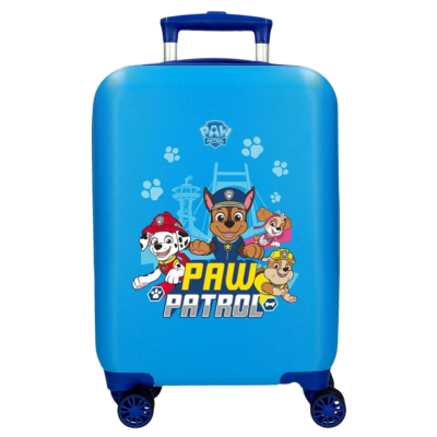 Mala de viagem azul com personagens Paw Patrol e rodas azuis