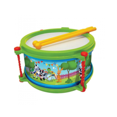 Tambor infantil colorido com desenhos de animais e duas baquetas amarelas