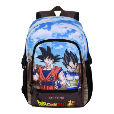 Mochila Dragon Ball com personagens Goku e Vegeta e fundo de céu azul