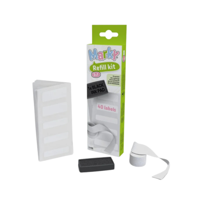 Kit de recarga Marky com etiquetas brancas e almofada de tinta preta