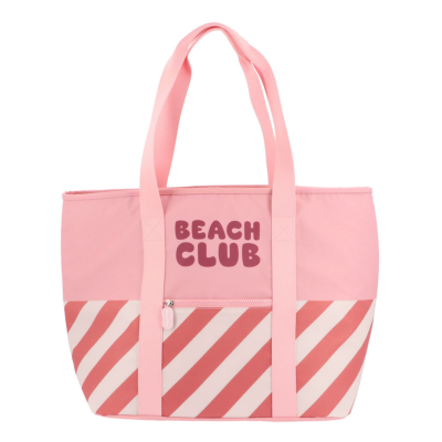 Mala de praia rosa com padrão às riscas e texto BEAC CLUB.