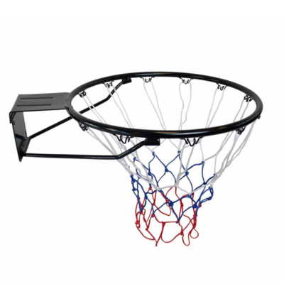 Aro de basquetebol preto com rede tricolor e suporte