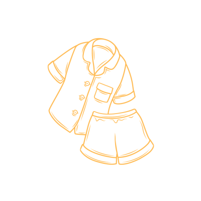 Desenho amarelo de um pijama com camisa de botões e calções