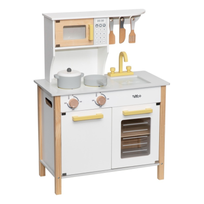 Cozinha brinquedo madeira branco amarelo natural micro-ondas fogão utensílios