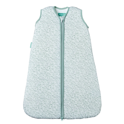 Saco de dormir para bebé branco com padrão de folhas cinzentas e verdes