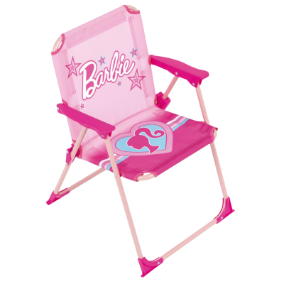 Cadeira infantil rosa Barbie com estampas e estrutura metálica