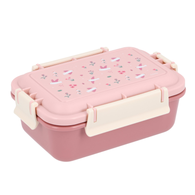 Marmita cor-de-rosa com tampa decorada com pássaros e flores e fechos creme