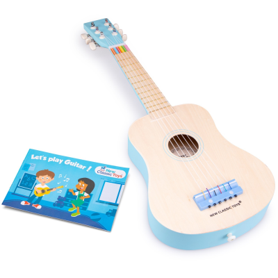 Guitarra infantil azul clara com folheto ilustrativo