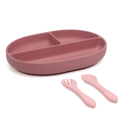 Prato silicone rosa escuro dividido com talheres rosa claro