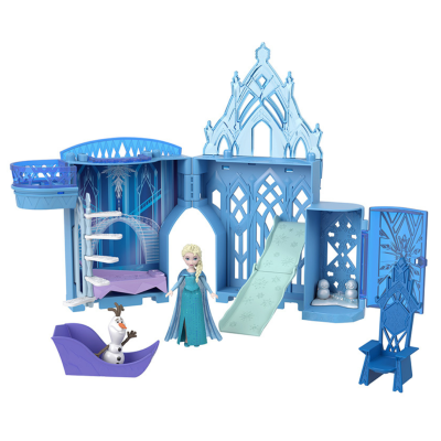 Castelo de brinquedo azul com figurinos Elsa e Olaf e acessórios de Frozen.