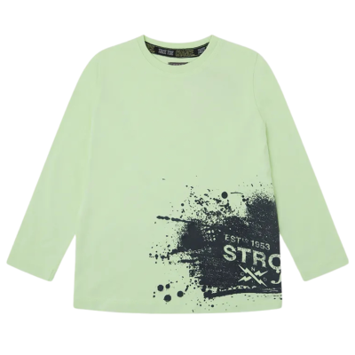 Camisola de manga comprida verde clara com estampado preto e texto