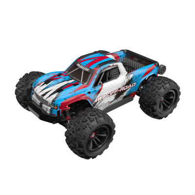 Carro RC 4WD OFF-ROAD azul, branco e vermelho com pneus grossos de borracha
