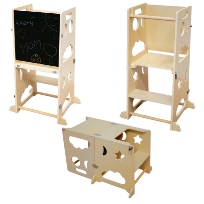 Móvel infantil multifuncional em madeira clara com quadro negro e estantes