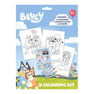 Conjunto de colorir Bluey com autocolantes e lápis de cera para crianças.