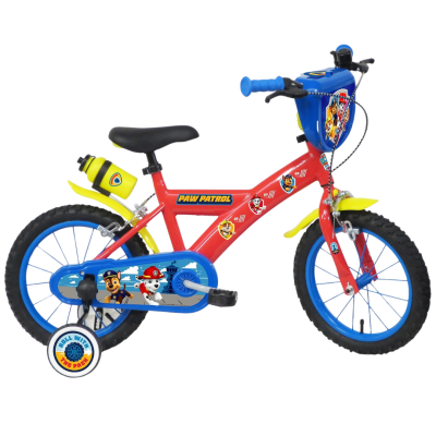Bicicleta infantil vermelha PAW PATROL com rodas azuis, selim preto, garrafa amarela e decalques dos personagens