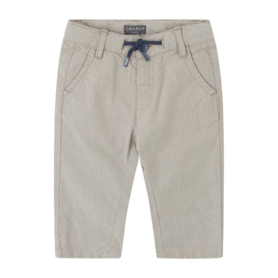 Calças de criança bege com padrão riscado e cordão azul