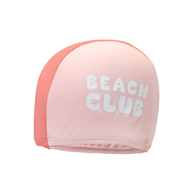 Touca de natação rosa e coral com texto BEACH CLUB branco
