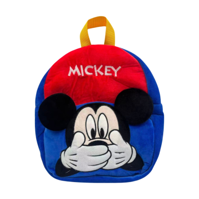 Mochila infantil azul, vermelha e amarela com o rosto do Mickey Mouse e texto MICKEY