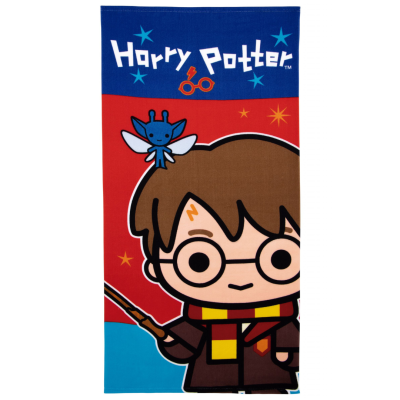 Toalha com estampa do personagem Harry Potter em estilo cartoon com cores vermelha, azul, castanha e amarela
