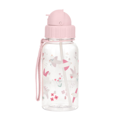 Garrafa de plástico com tampa rosa e padrão de pássaros e flores