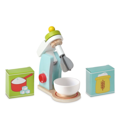 Brinquedo de batedeira de madeira com tigela e caixas com ilustrações de ingredientes