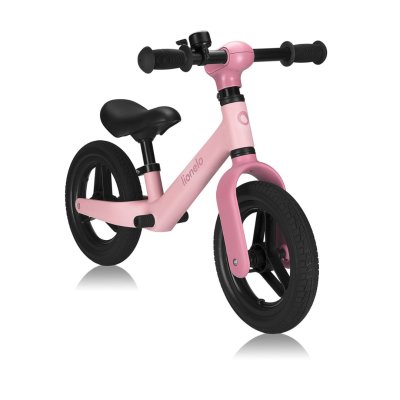 bicicleta de equilíbrio rosa para crianças com rodas negras e punhos pretos