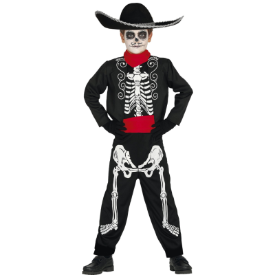 Fato de Carnaval de criança com padrão de esqueleto e chapéu preto