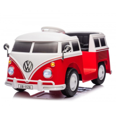 Carrinho elétrico infantil vermelho e branco em forma de miniatura de Volkswagen clássico