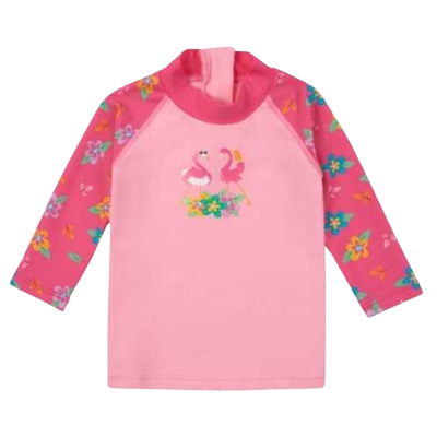 Camisola infantil rosa com flamingos e padrão floral nas mangas