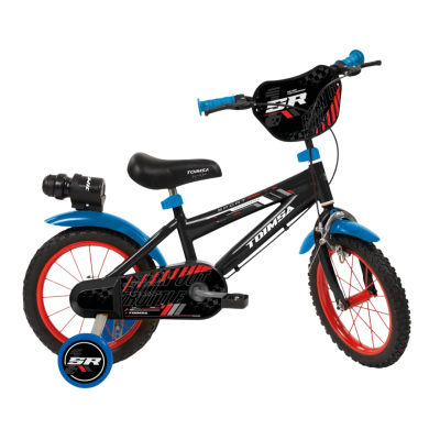Bicicleta para crianças com rodinhas de apoio, quadro preto, detalhes em azul e vermelho