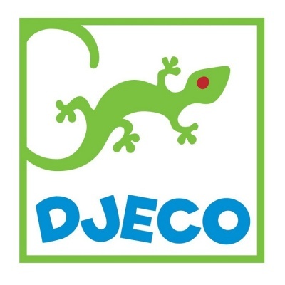 Logótipo Djeco com lagarto verde e texto azul