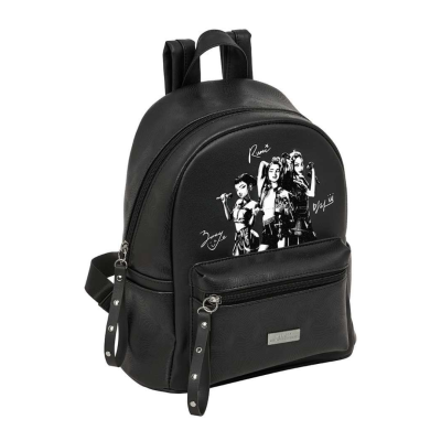 Mochila preta com estampa branca de três personagens femininas e alças ajustáveis
