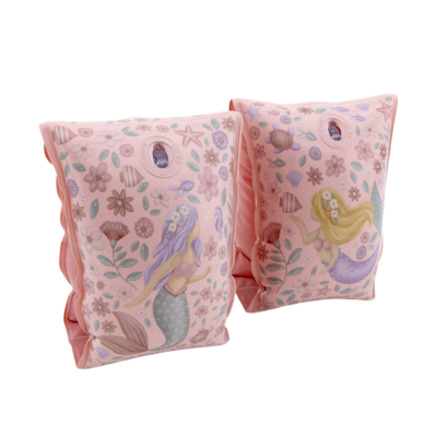 Braçadeiras infláveis cor-de-rosa com desenhos de sereias e flores