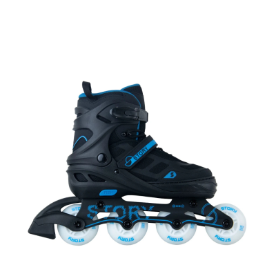 Patins em linha preto e azul com rodas brancas