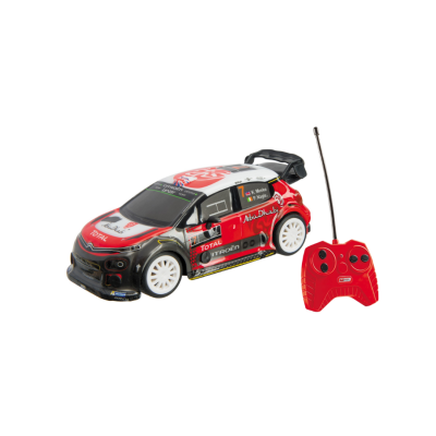 Carro de controle remoto vermelho com detalhes em branco e preto e comando vermelho ao lado