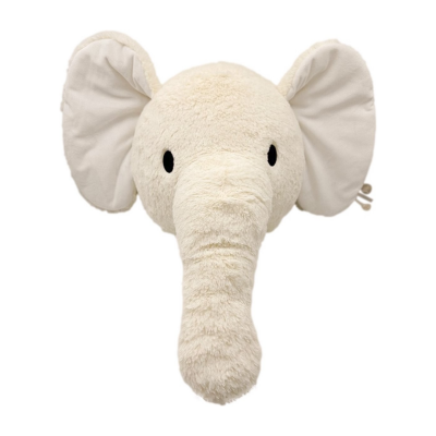 Cabeça de elefante em peluche cor creme com olhos pretos