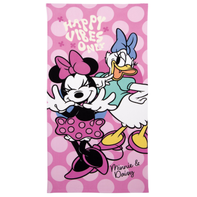 Toalha rosa com Minnie Mouse e Daisy Duck e texto HAPPY VIBES ONLY.
