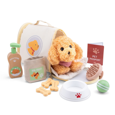 Brinquedo conjunto para cães com casinha, peluche, shampoo, snacks, bola, escova, tigela e passaporte
