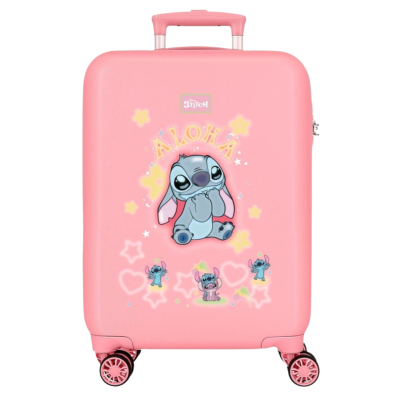 Mala de viagem rígida rosa com padrão do Stitch e texto ALOHA