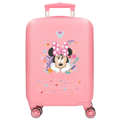 Mala de viagem rosa com personagem Minnie Mouse e texto decorativo