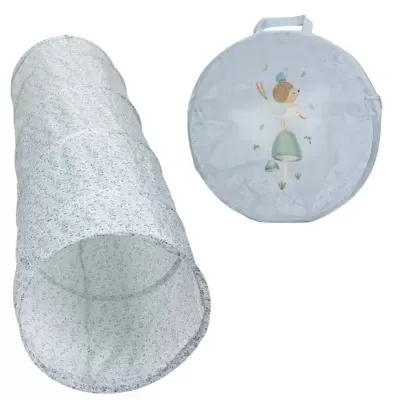 Tunel de brincar azul claro com padrão floral e estojo redondo decorado.