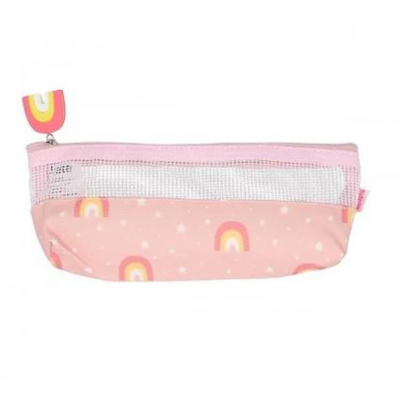 Estojo escolar rosa com padrão de arco-íris e rede branca no topo