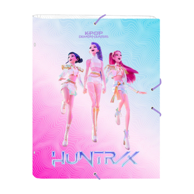 Pasta com elástico K-POP DEMON HUNTERS HUNTR/X com três personagens femininas em roupas futuristas