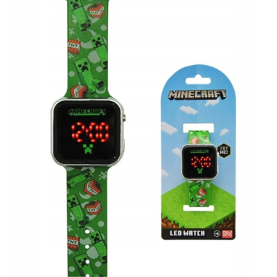 Relógio digital LED Minecraft com bracelete verde e personagens e embalagem azul