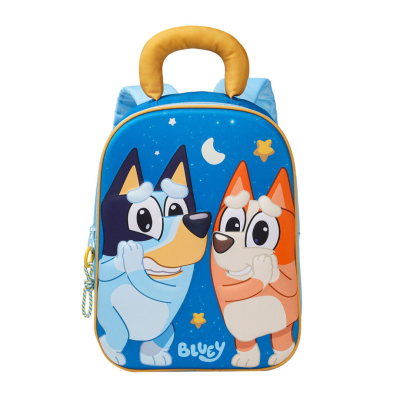 Mochila infantil azul com desenho de cães animados e texto BLUEY