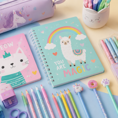 Material escolar infantil colorido com cadernos ilustrados e lápis em tons pastel
