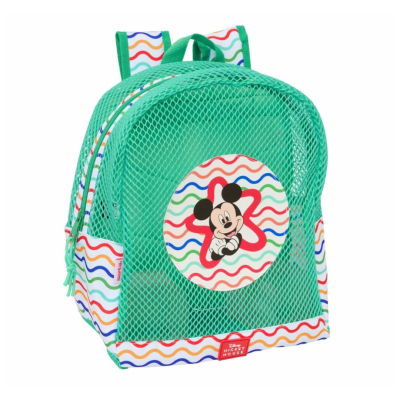 Mochila verde infantil com padrão ondulado colorido e Mickey Mouse na frente