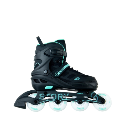 Patins inline preto e azul claro com quatro rodas brancas